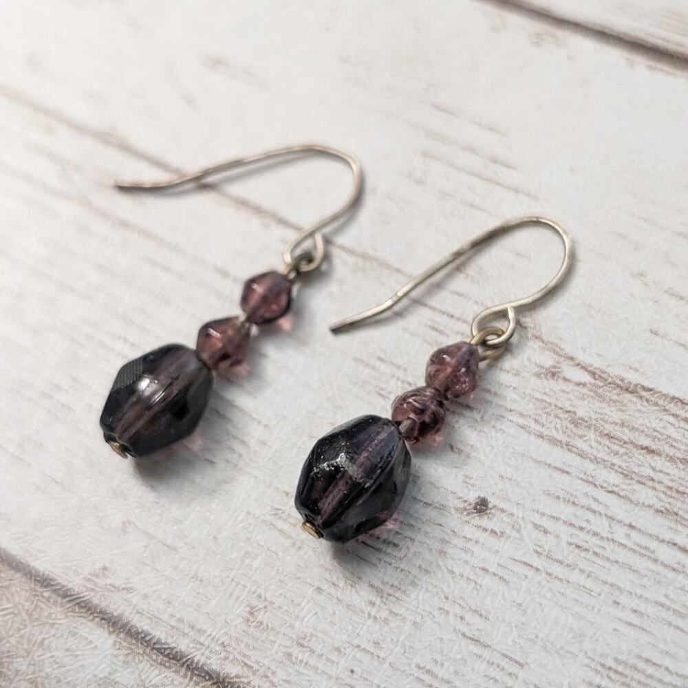 Vintage Earrings For Pierced Ears Dark Purple Beads